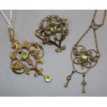 Three early 20th century 9ct gold , peridot and seed pearl pendants, including one with 9ct gold