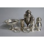 Four assorted silver condiments including an 18th century style bun pepper, a silver pedestal bonbon