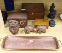 Three various boxes, a brass tray, a pair of carved elephants, a pair of Spelter figures and a