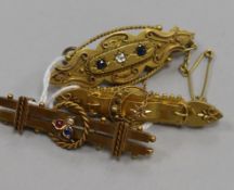 Three assorted early 20th century 15ct gold and gem set bar brooches including sapphire and diamond,