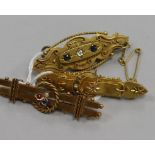 Three assorted early 20th century 15ct gold and gem set bar brooches including sapphire and diamond,