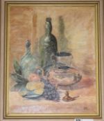 Gillioil on canvasStill life- a copper kettle, with bottles and fruitsigned20 x 16in.