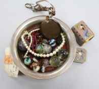 A modern silver wine coaster and mixed items including marbles and costume jewellery.