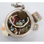 A modern silver wine coaster and mixed items including marbles and costume jewellery.