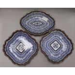 Three Worcester 'The Music Pattern' dessert dishes, Flight period, one with crescent mark, largest