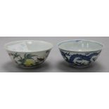 A Chinese blue and white 'dragon' bowl and a Chinese famille rose 'crickets and flowers' bowl,