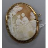 A 9ct gold mounted oval cameo brooch, 56mm.