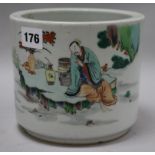 A Chinese famille verte brush pot, probably late 19th century, painted with a sage and attendant