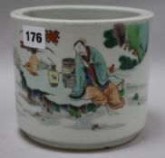 A Chinese famille verte brush pot, probably late 19th century, painted with a sage and attendant