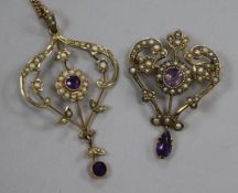 Two early 20th century 9ct gold, amethyst and seed pearl set pendants, one with 9ct gold chain,