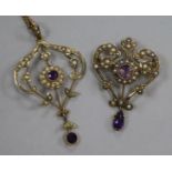 Two early 20th century 9ct gold, amethyst and seed pearl set pendants, one with 9ct gold chain,