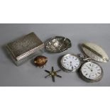 Small silver including two pocket watches, two shell boxes, a tea strainer and a lidded jar.