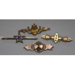 Four assorted late 19th/early 20th century 9ct gold bar brooches, three gem set including