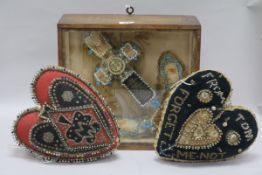 Two Sailors love token cushions and a cased embroidery anchor