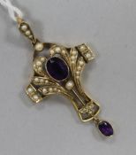 An Edwardian 9ct gold, amethyst and seed pearl pendant, overall 48mm.