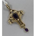 An Edwardian 9ct gold, amethyst and seed pearl pendant, overall 48mm.