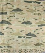 Two Japanese woven silk wall hangings, late 19th century, the first decorated with egrets on a pond,