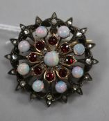 A Victorian white and yellow metal, white opal, garnet and rose cut diamond set pendant brooch,