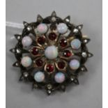 A Victorian white and yellow metal, white opal, garnet and rose cut diamond set pendant brooch,