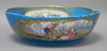 A Sevres bleu celeste salad bowl, later painted to the interior with a portrait of Louis XVI