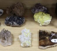 Seven assorted geodes including two sulphur minerals, dessert rose, white quartz cluster, polished