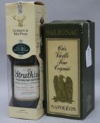 One bottle of Salignac Napolean cognac and one bottle Strathisla