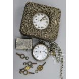 A pocket watch in silver travelling case, one other pocket watch, a silver vesta case and assorted