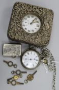 A pocket watch in silver travelling case, one other pocket watch, a silver vesta case and assorted