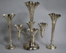 A pair of Edwardian silver posy vases and an Edwardian silver epergne, (a.f.) epergne 25.5cm, all