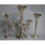 A pair of Edwardian silver posy vases and an Edwardian silver epergne, (a.f.) epergne 25.5cm, all