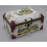 A Dresden porcelain casket and cover, late 19th century, the exterior painted with hunting scenes