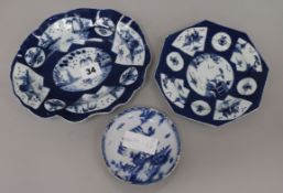 A Lowestoft blue and white saucer, c.1760-5 and a Bow powder blue ground octagonal plate and a