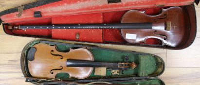 One string violin and German violin, bow and case