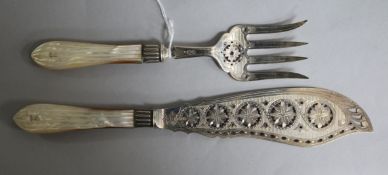 A pair of Victorian mother of pearl fluted handled silver fish servers, Martin, Hall & Co,