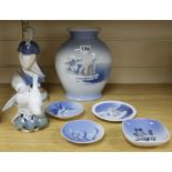 A quantity of Royal Copenhagen vase, dishes and a figure and bird group