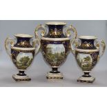 A garniture of three early 19th century Derby vases, tallest 29cm