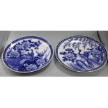 Two Japanese blue and white chargers decorated with birds and flowers, diameter 34cm