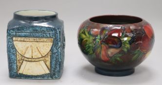 A Troika geometric design cube vase, signed 'AP' and a small Moorcroft vase, red ground, in the