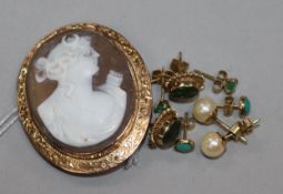 A 9ct rose gold mounted cameo brooch and four pairs of assorted gem set ear studs.