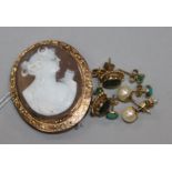 A 9ct rose gold mounted cameo brooch and four pairs of assorted gem set ear studs.