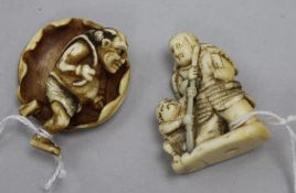 Two Japanese ivory netsuke, 19th century, the first depicting a samurai and a figure crouched at his