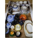 A quantity of Jasperware, a three piece tea set, a Wedgwood lustre bowl, teaware etc