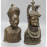 Two Benin bronze heads, 20th century, heights 40.5cm & 35cm