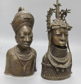 Two Benin bronze heads, 20th century, heights 40.5cm & 35cm