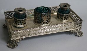 An early Victorian pierced silver inkstand by John Edward Terry, London, 1842, 22.5cm, 15.3 oz.