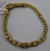 A late Victorian 15ct gold, turquoise and seed pearl set bracelet, gross 6.9 grams.