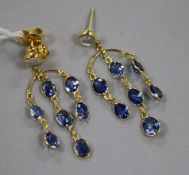 A pair of 14ct gold sapphire and moonstone multi drop "chandelier" earrings, 39mm.