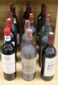 Fifteen bottles of assorted red wines including two Chateau Margaux, 1947 (one low level), one