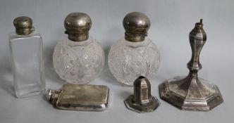 A 1950's engine turned silver hip flask and other silver items.