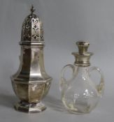 A George V silver mounted two handled glass whisky tot jug and stopper, London, 1921 and a silver